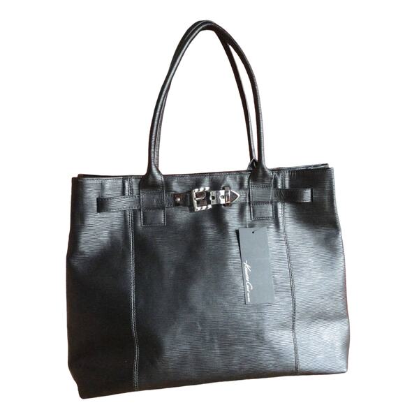 NEW Kenneth Cole Black Leather SHOULDER HANDBAG Tote Jill Wrap Paport PURSE - Picture 1 of 10